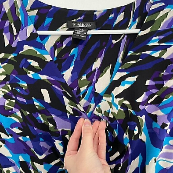 GLAMOUR Plus Size Blue Purple Multi Geometric Surplice Work Midi Fit Flare Dress - Picture 12 of 12